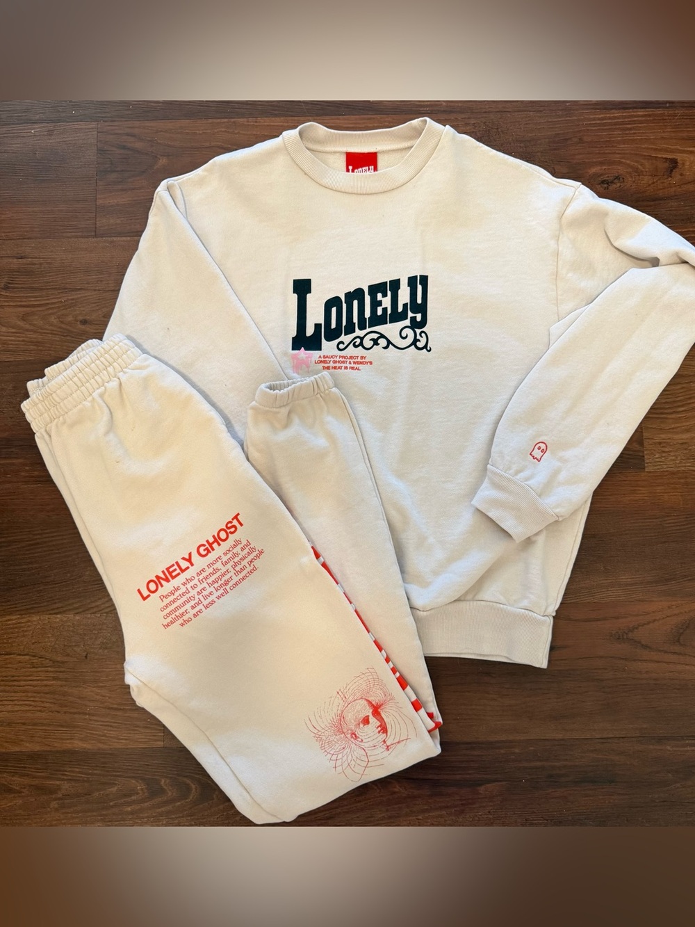 LONELY GHOST Cream Sweatshirt with Red Text Graphic set